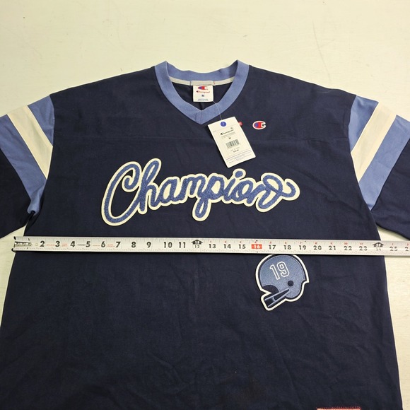 Champion Knitwear Men's V-Neck Retro Varsity Patch Jersey Shirt Navy Sz M NWT - Picture 12 of 14